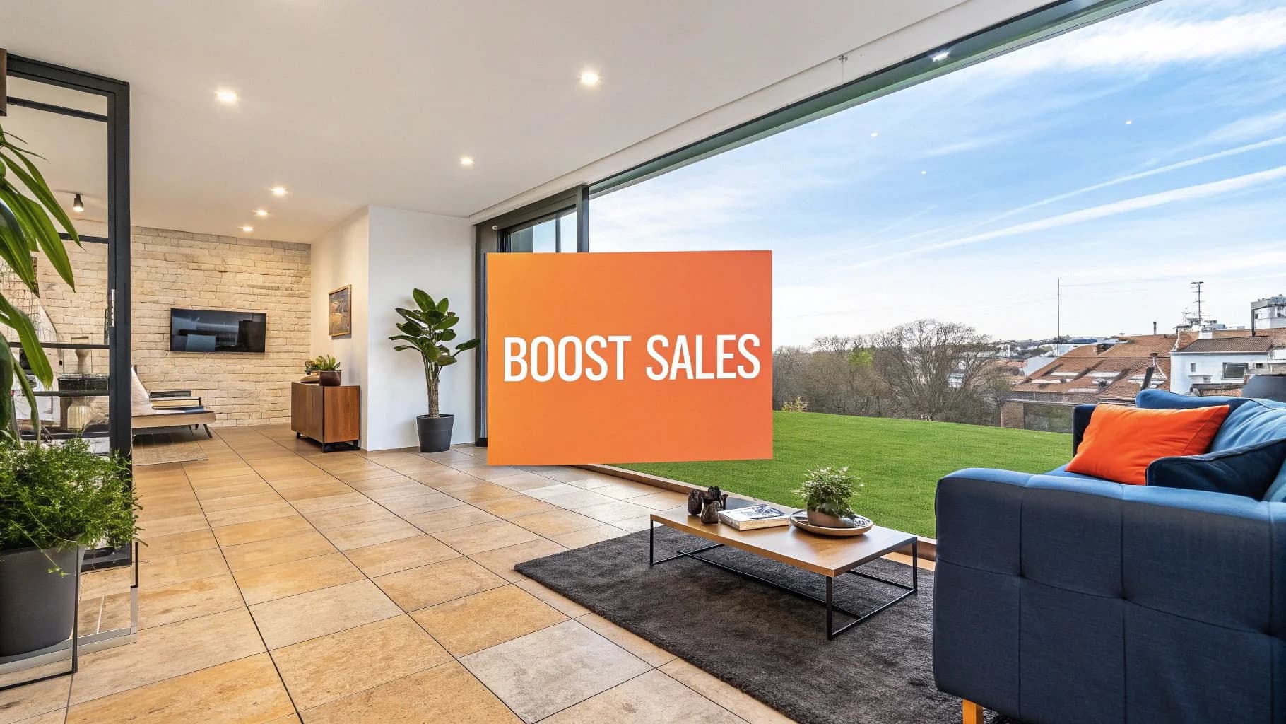 Home staging virtual para inmobiliarias: salón amueblado digitalmente para un anuncio de propiedad