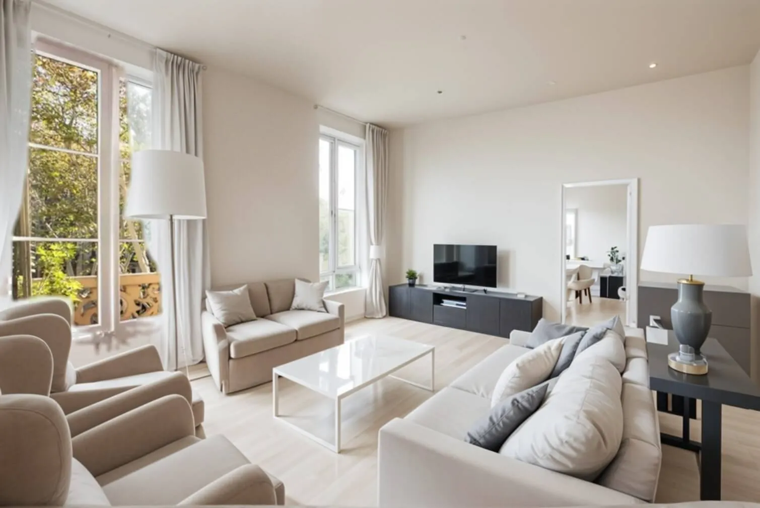 Un salón vacío amueblado con home staging virtual