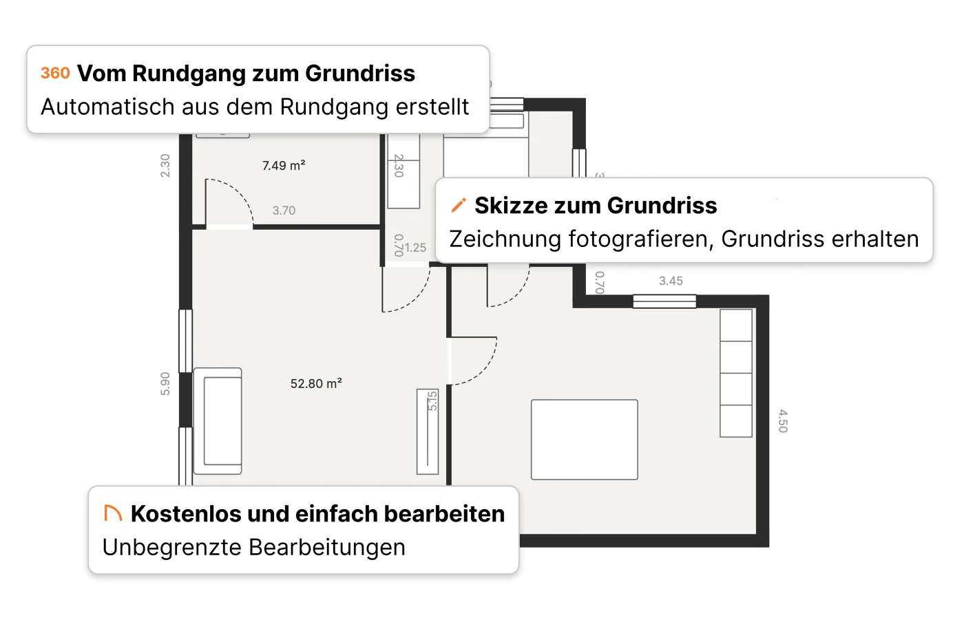Ein Grundriss in Pedra mit Raumflächen und Wandmaßen, erstellt aus einem virtuellen 360°-Rundgang oder einer Handskizze und danach bearbeitbar