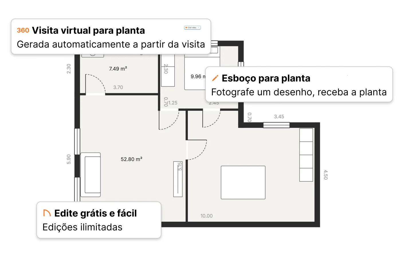 Uma planta baixa na Pedra com as áreas de cada cômodo e as medidas das paredes, criada a partir de um tour virtual 360° ou de um rascunho à mão e editável depois