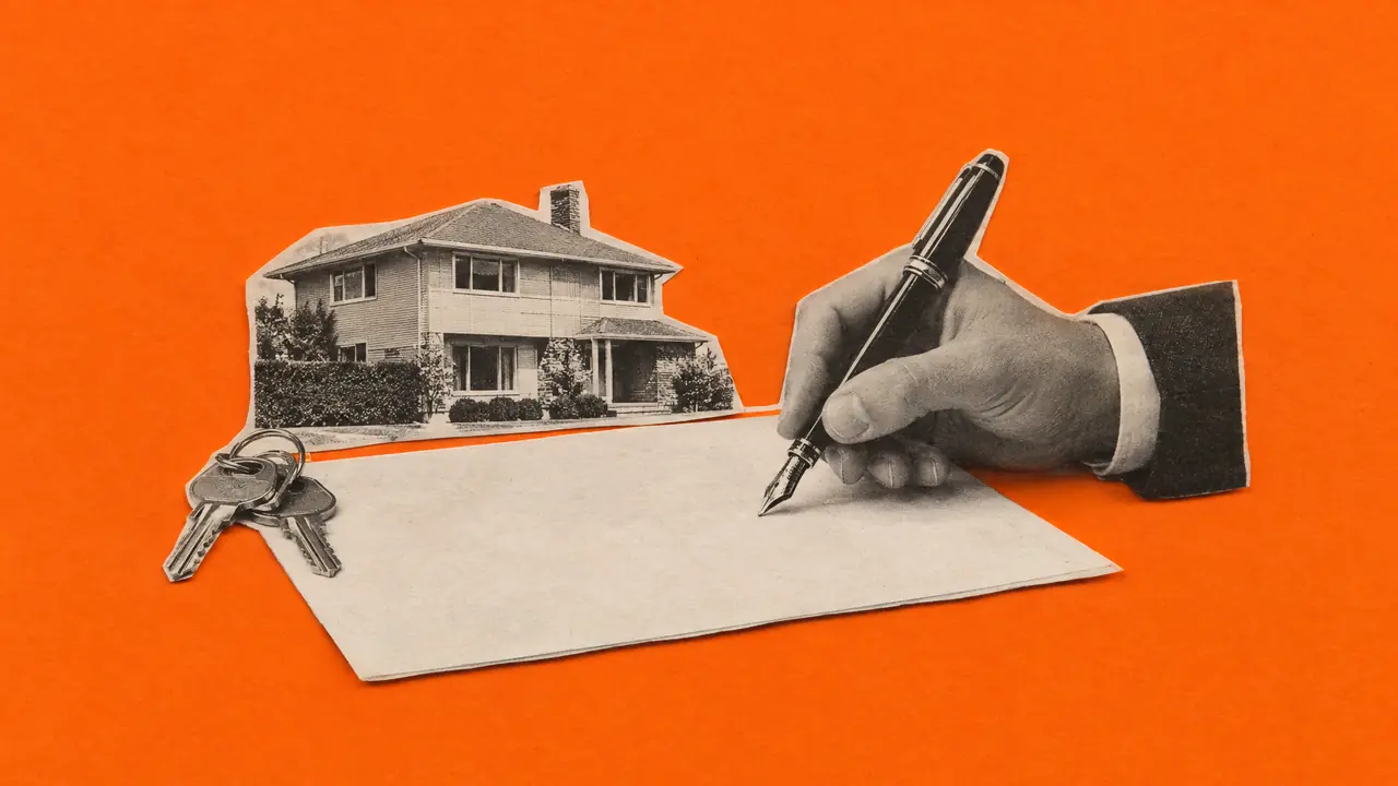 Vintage photo collage of a hand holding a fountain pen over a blank contract, with orange paper accents