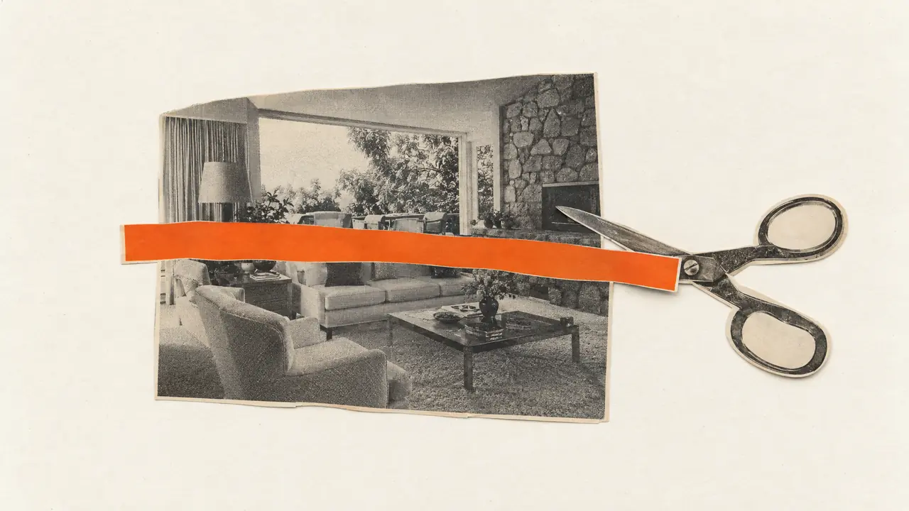 Collage of vintage scissors cutting a strip of orange paper out of a black-and-white living room photo