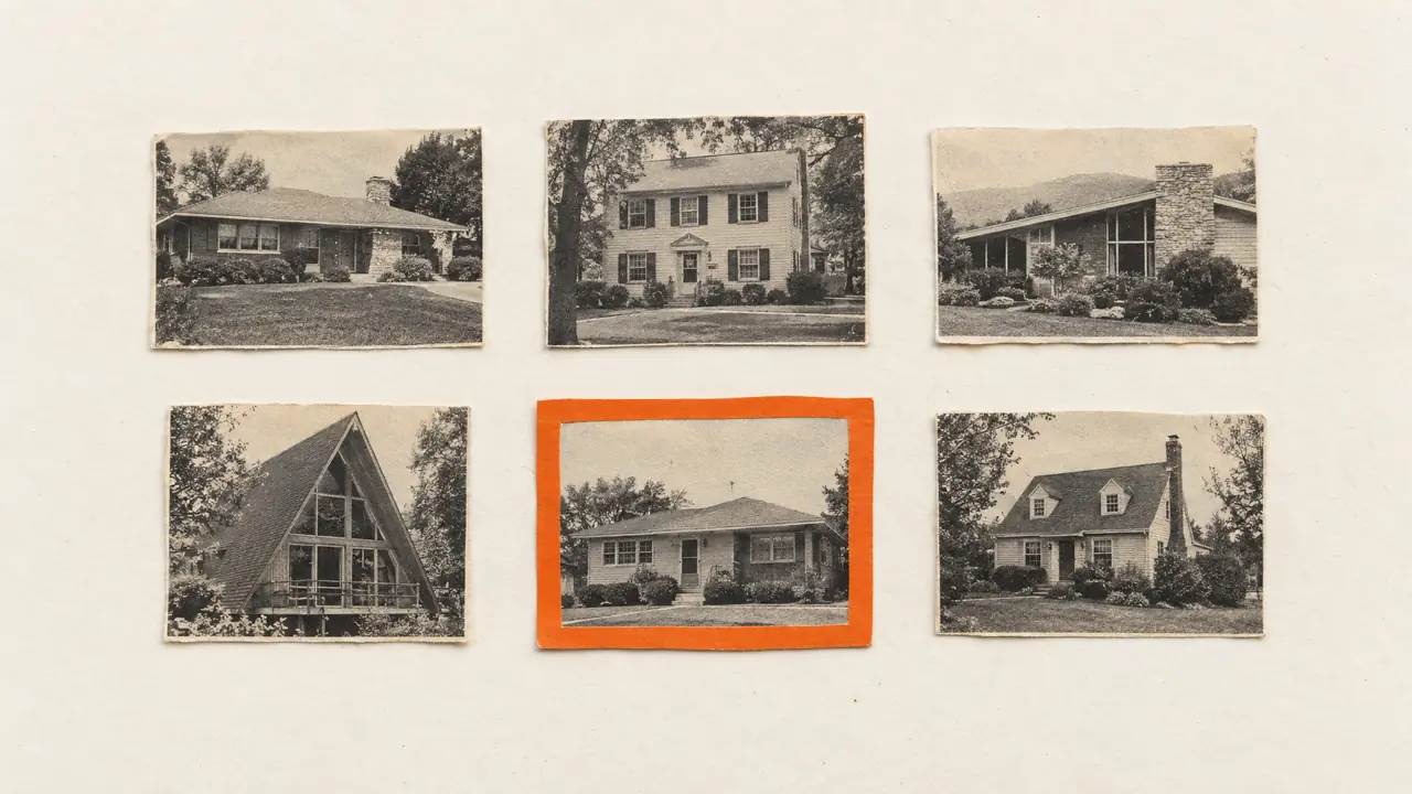Collage d'une grille de six photos anciennes de maisons en noir et blanc, l'une encadrée de papier orange