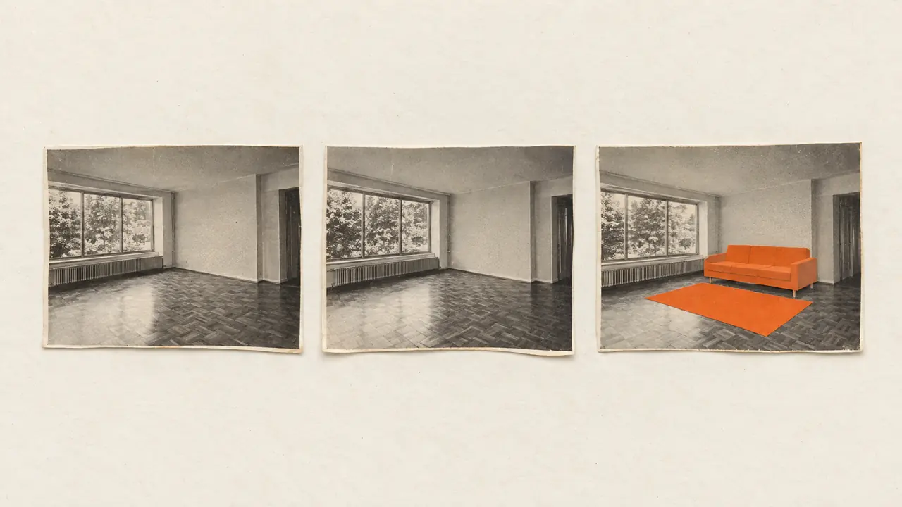 Collage of three vintage photos of one empty room, the last with a sofa and rug cut from orange paper