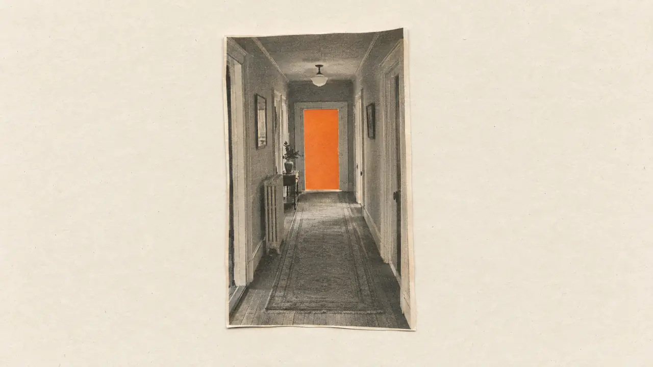 Collage of a black-and-white magazine photo of an old apartment hallway, the doorway at the end cut from orange paper