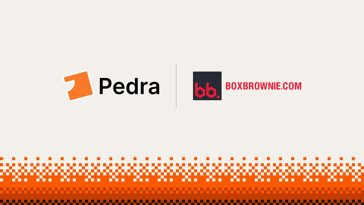 Pedra logo and BoxBrownie logo side by side on a cream background with an orange pixel pattern along the bottom