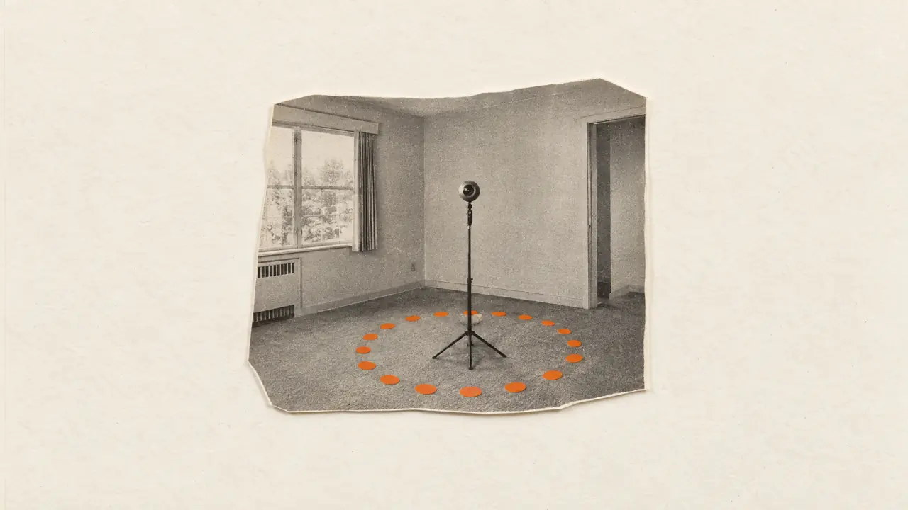 Collage of a small 360 camera on a monopod in an empty room, circled by a thin orange paper ring