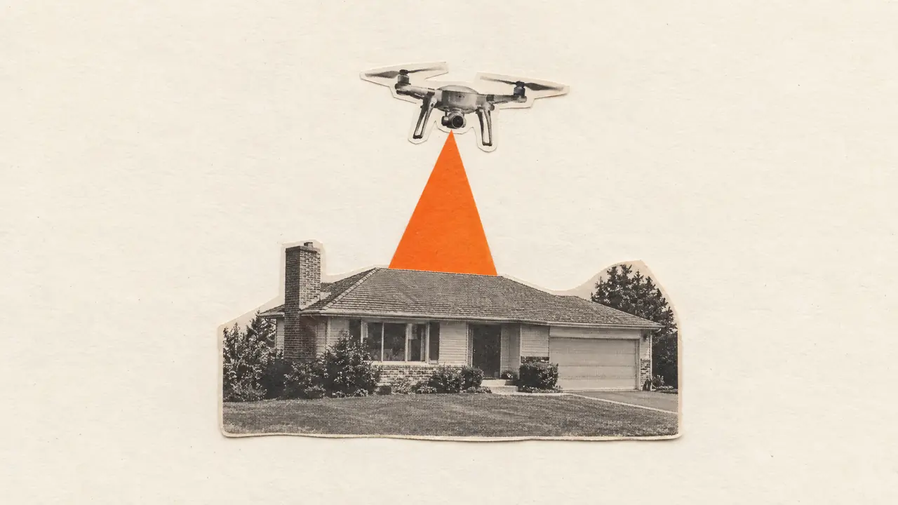 Collage of a vintage photo of a drone above a house, with an orange paper triangle showing its view