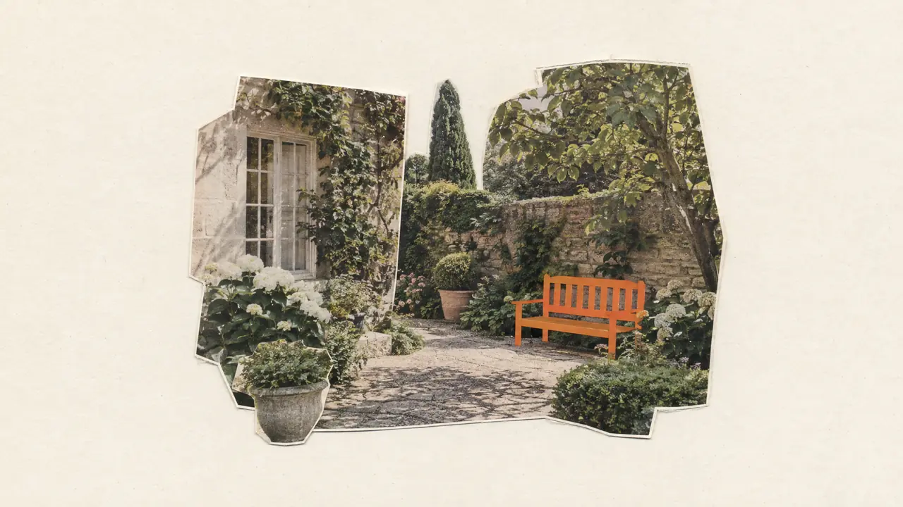 Collage de una foto de revista antigua de un patio ajardinado con un banco de papel naranja