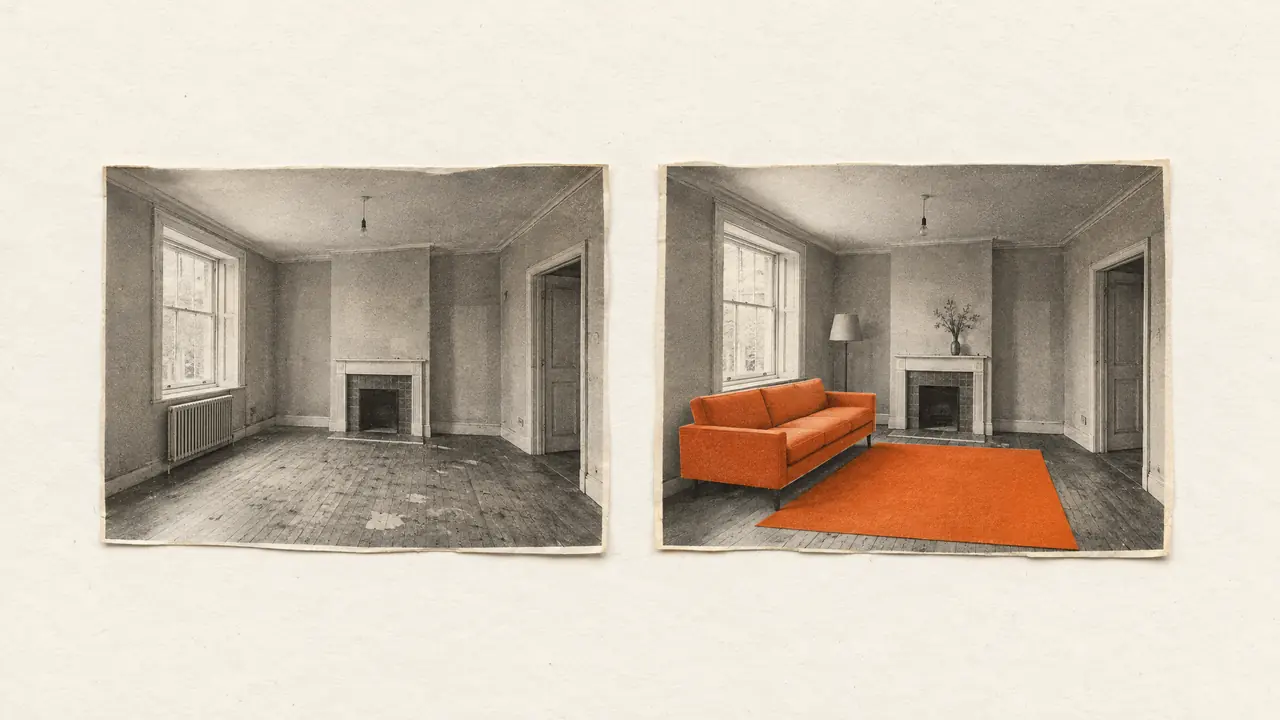 Collage de dos fotos antiguas del mismo cuarto desgastado, la derecha con sofá y alfombra nuevos de papel naranja
