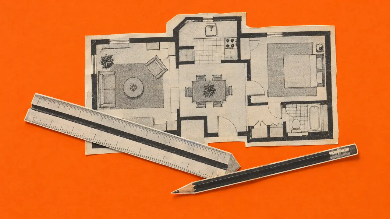 Collage di un righello da disegno e una matita d'epoca su un ritaglio di planimetria, con carta arancione