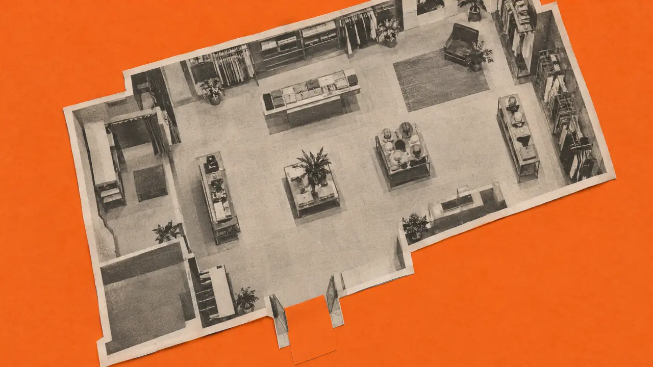 Collage of a printed shop floor plan seen from above at an angle, the entrance area in orange paper