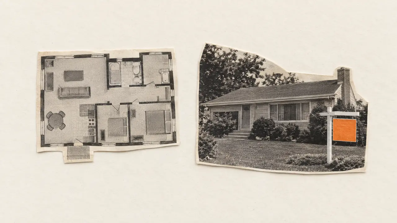 Collage de un plano impreso junto a la foto antigua de una casa con un cartel de papel naranja
