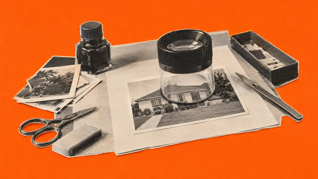 Collage d'une photo ancienne d'un bureau de retouche avec une loupe sur une petite maison, et du papier orange
