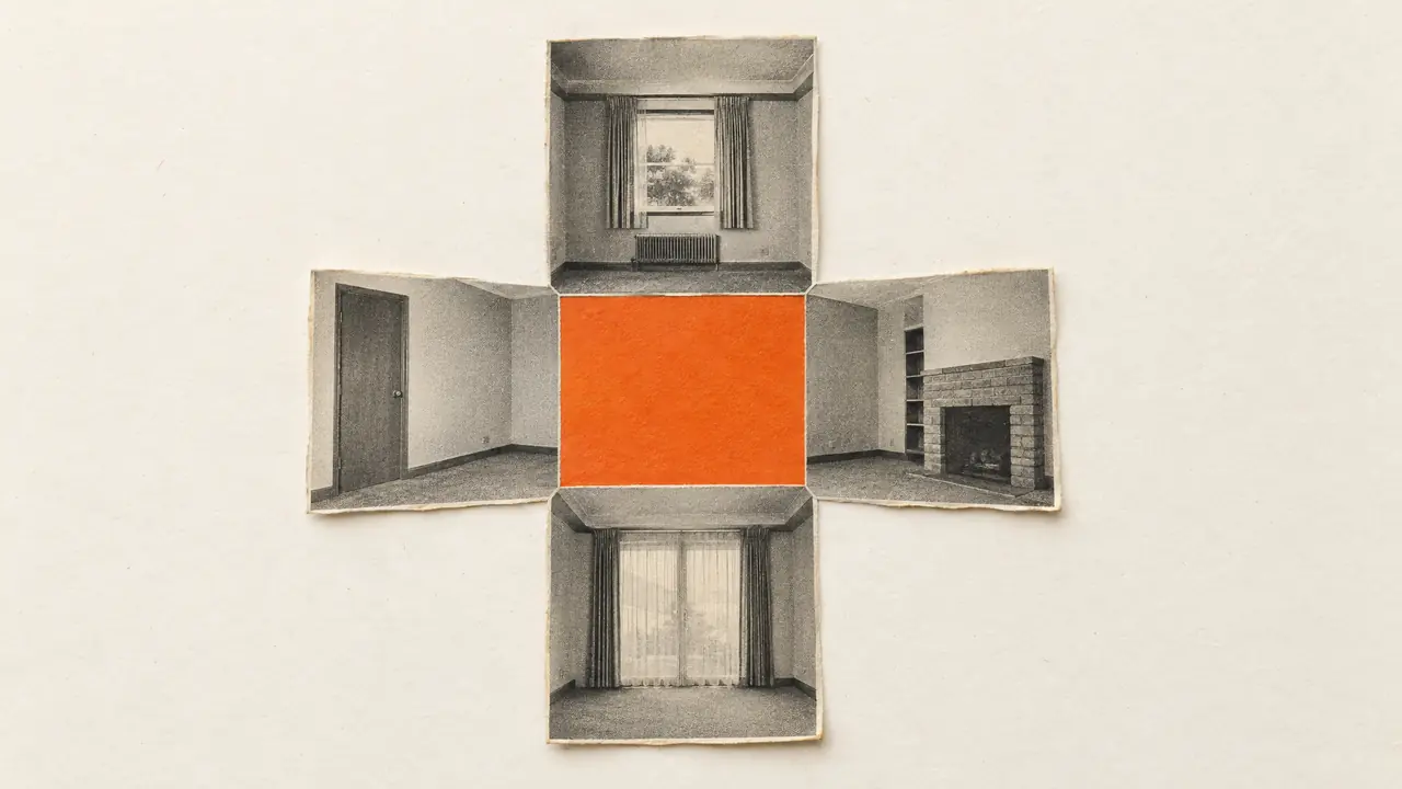 Collage de cuatro fotos antiguas de las paredes de una habitación desplegadas como una caja alrededor de un suelo naranja