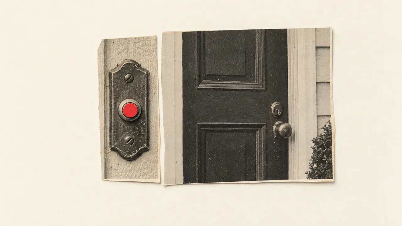 Collage d'une photo ancienne d'une sonnette près d'une porte d'entrée, un rond de papier rouge sur le bouton