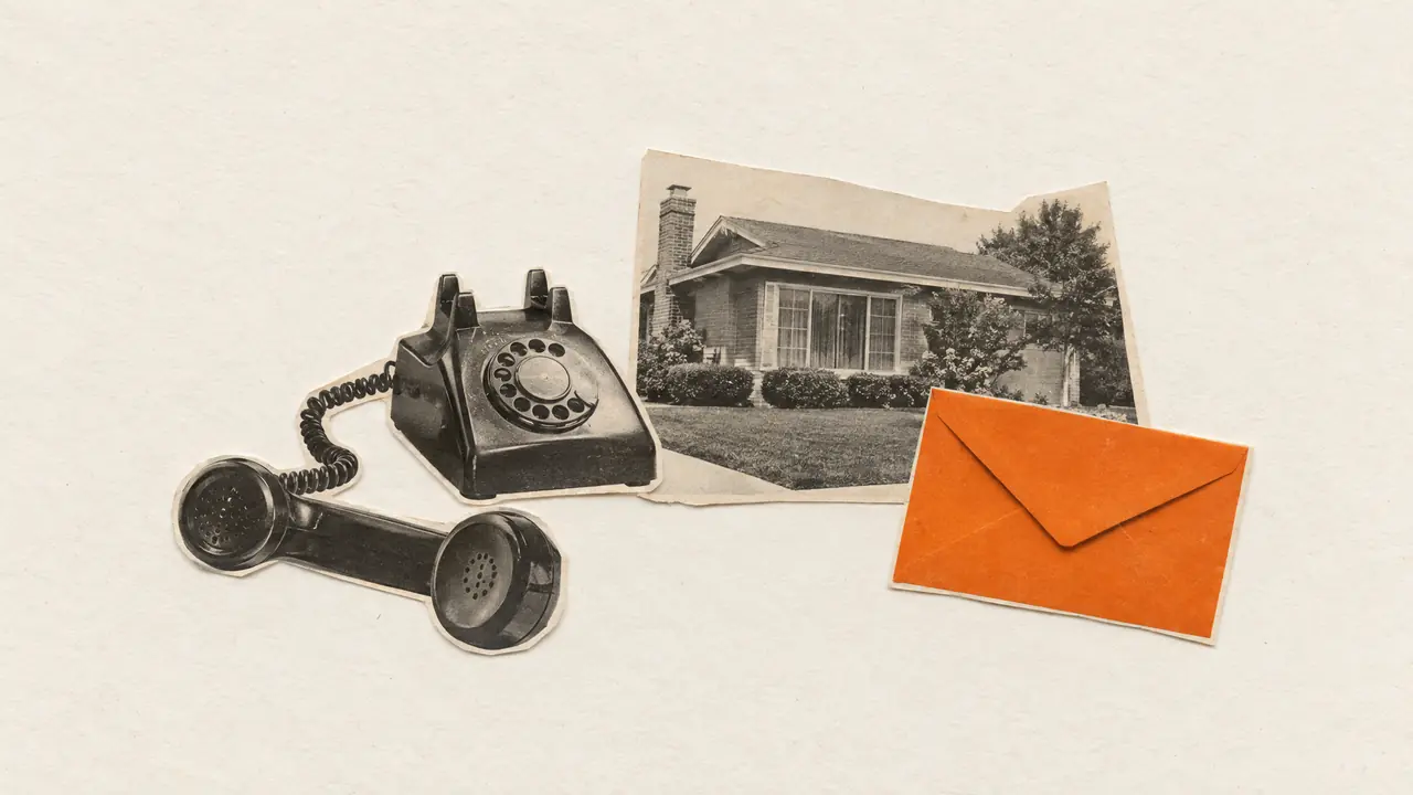 Collage de un teléfono antiguo descolgado junto a la foto de una casa y un sobre de papel naranja