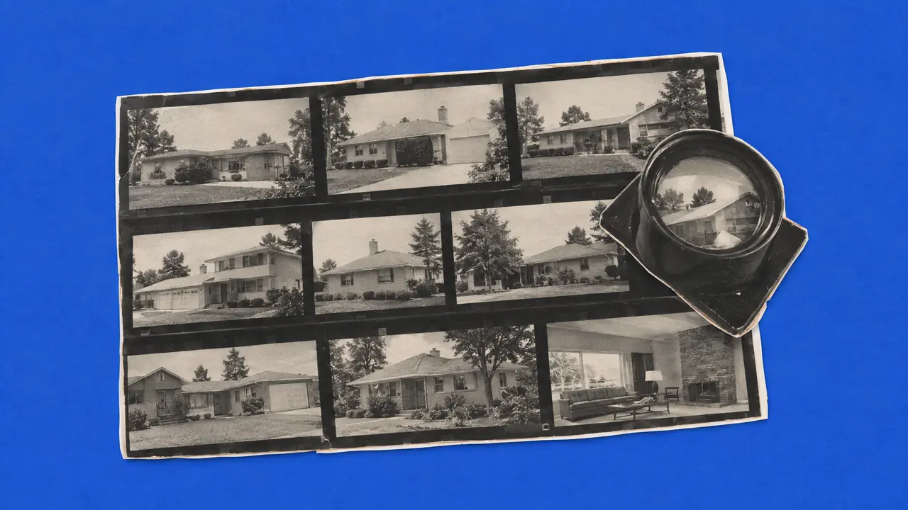 Collage d'une planche contact ancienne de photos de maisons avec une loupe posée dessus, et du papier bleu cobalt