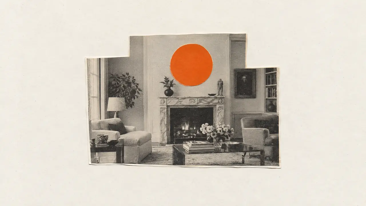 Vintage photo collage of an elegant living room with a marble fireplace and an orange paper sun above it