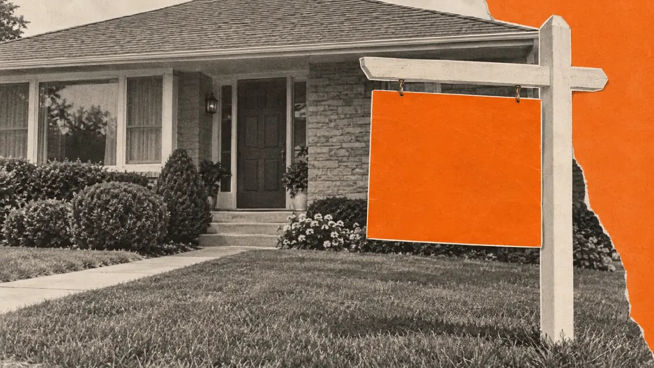 Collage of a black-and-white house front with a sign post on the lawn, the blank sign cut from orange paper