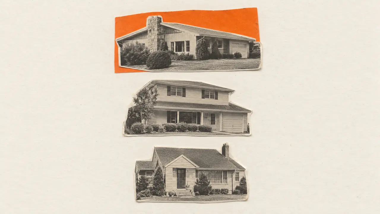 Collage of three vintage house photos stacked like listing results, the top one backed by orange paper