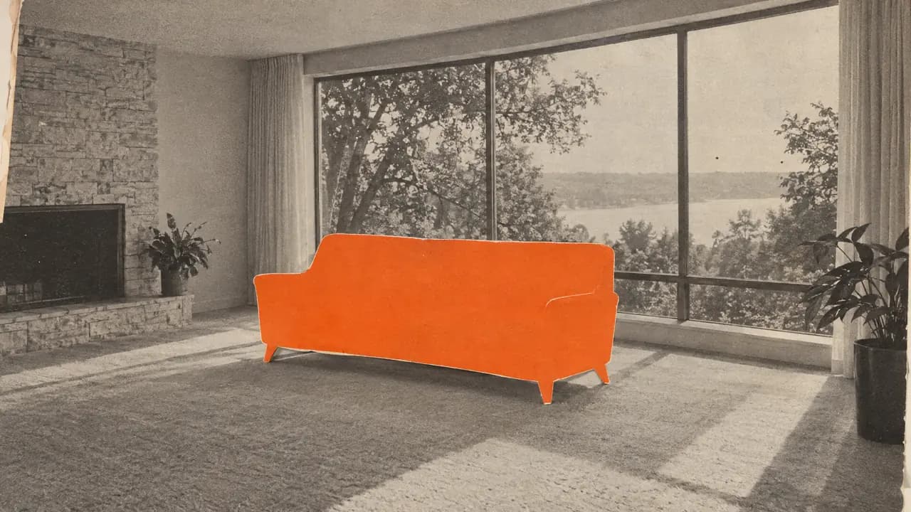 Collage en blanco y negro de un salón vacío con un gran ventanal y un sofá de papel naranja