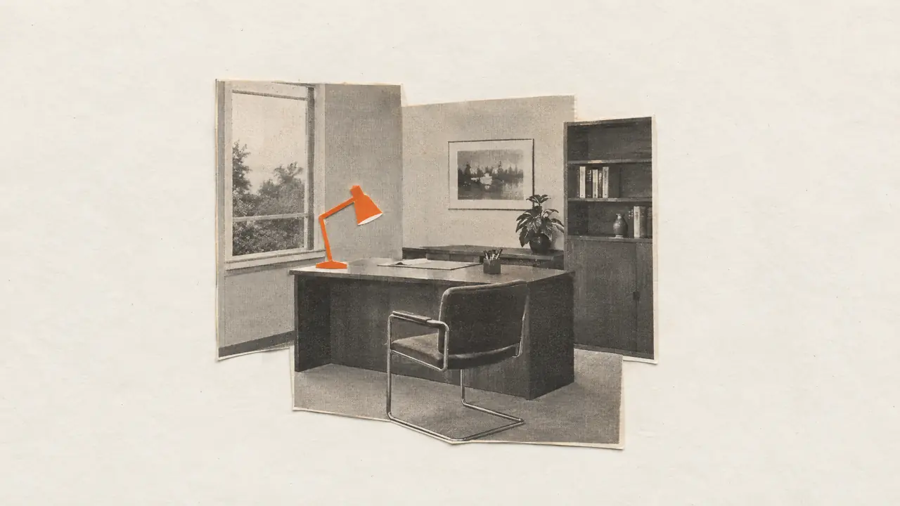 Collage d'une photo ancienne d'un petit bureau vide avec table, chaise et une lampe en papier orange