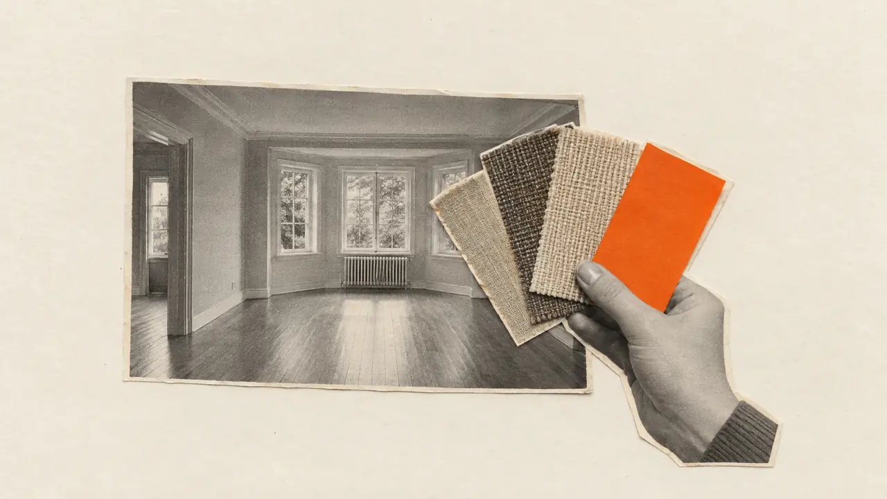 Collage d'une main de décoratrice tenant des échantillons de tissu sur une pièce vide, l'un en papier orange