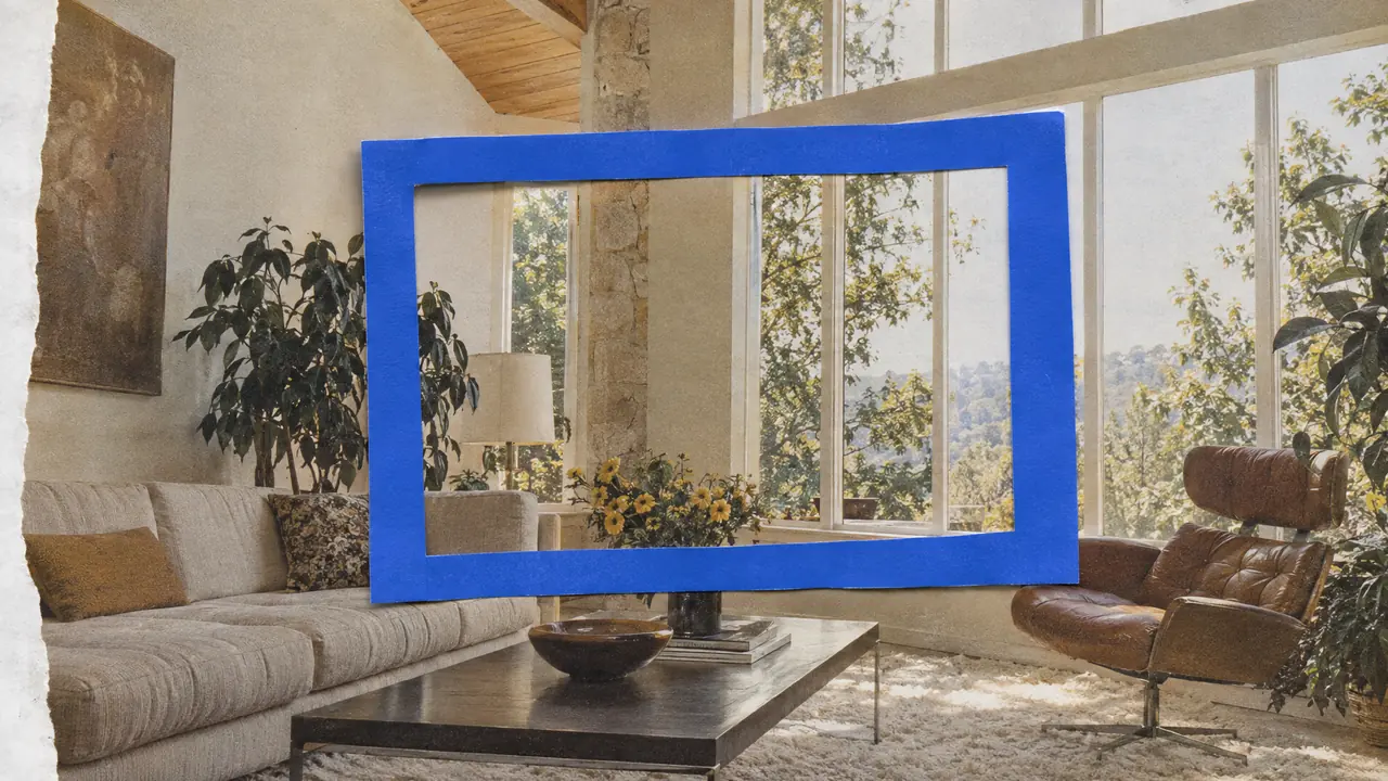 Collage of a bright living room with tall windows, a cobalt blue paper frame laid over it like a viewfinder