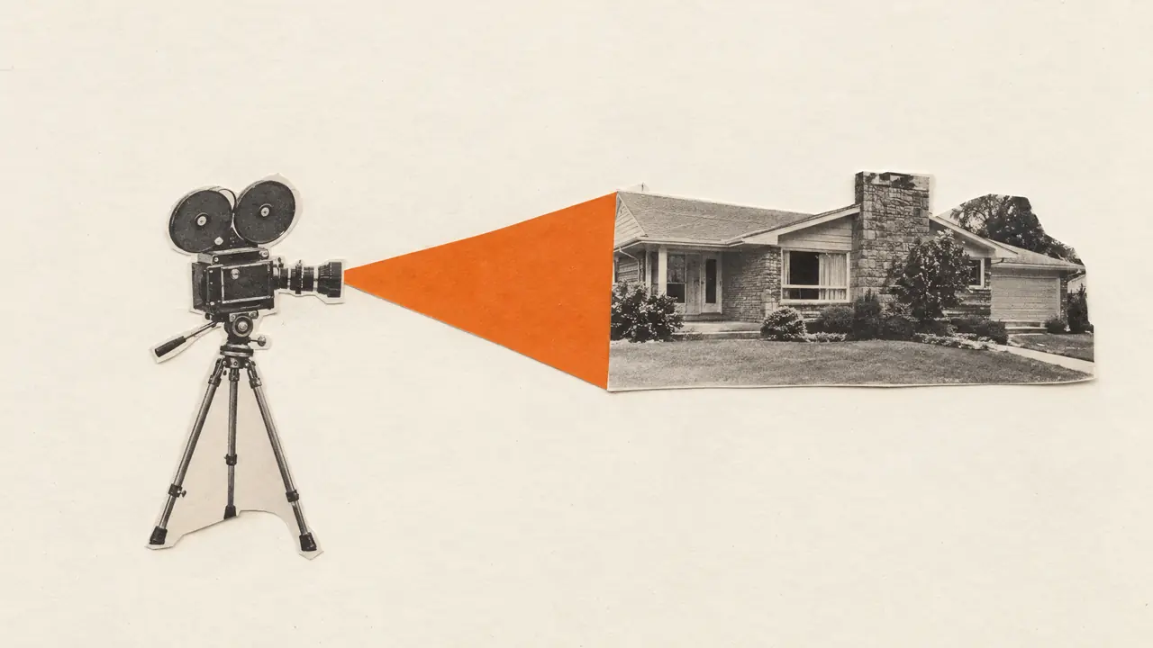 Collage of a vintage film camera on a tripod aimed at a house, an orange paper triangle showing its view