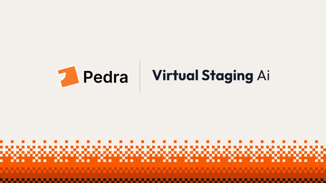 Pedra logo and Virtual Staging AI logo side by side on a cream background with an orange pixel pattern