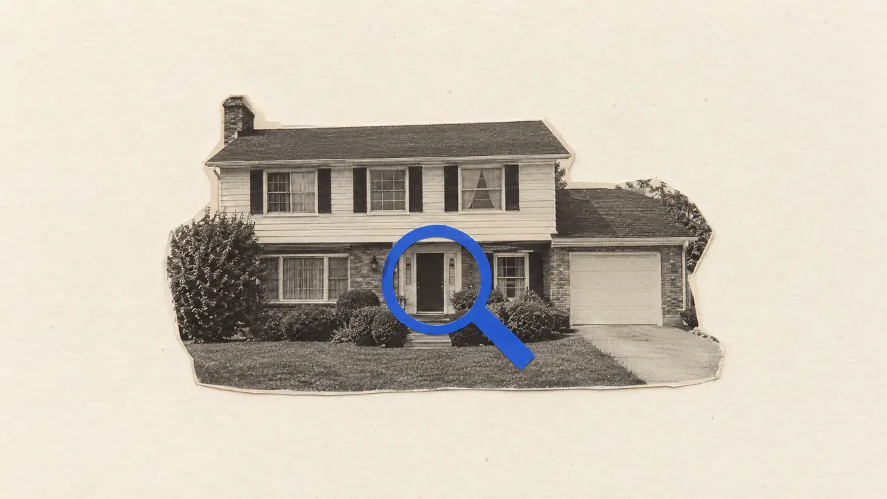 Collage of a vintage photo of a house front with a cobalt blue paper magnifying glass over the door