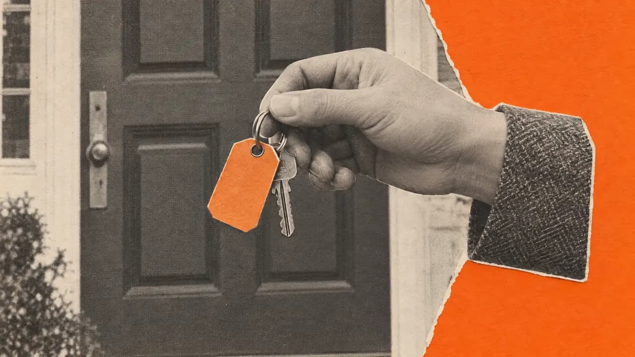 Black-and-white collage of a hand holding out a house key at a front door, the key tag in orange paper