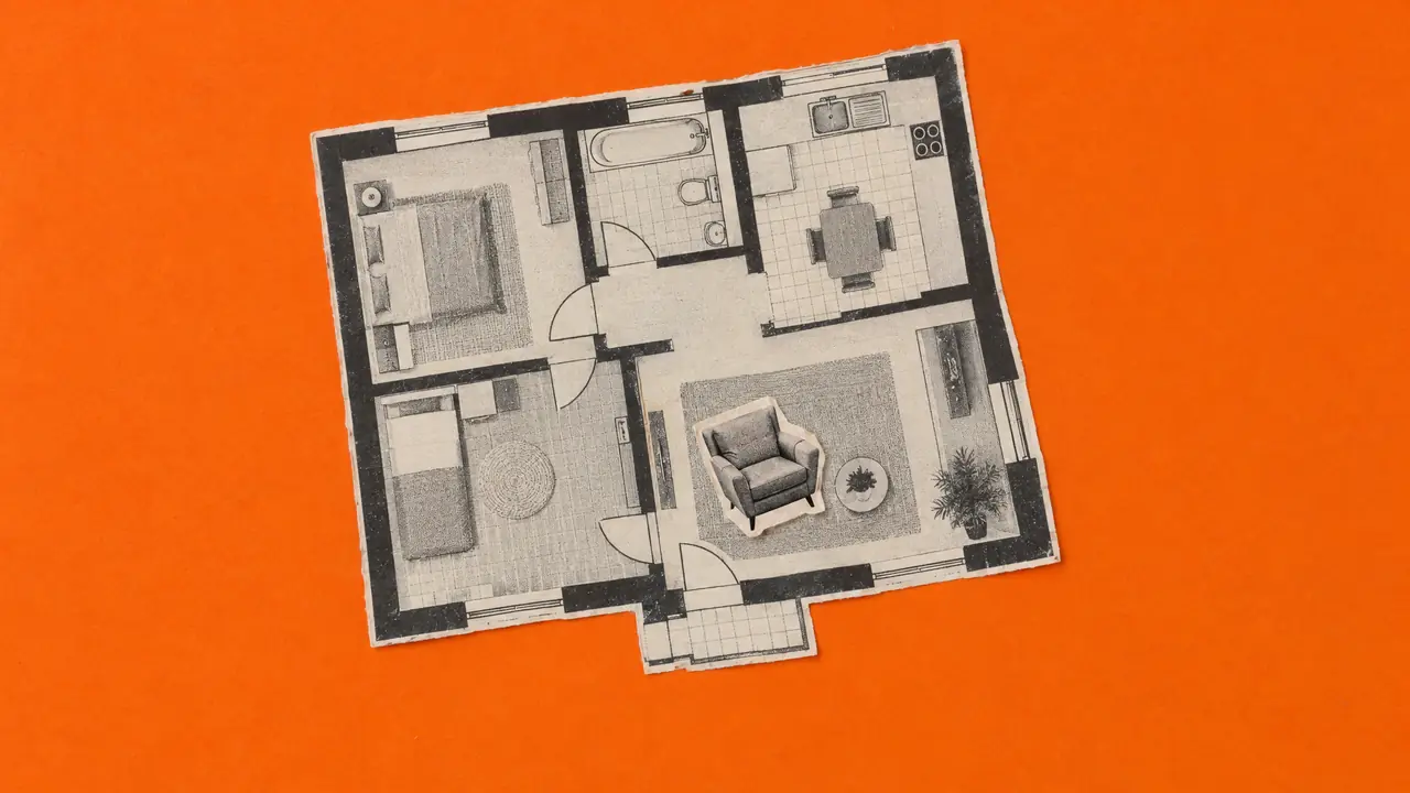 Collage de un plano de vivienda en blanco y negro algo girado, con un pequeño sillón recortado en una habitación