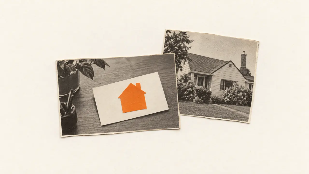 Collage of a blank business card beside a small house photo, with a house shape cut from orange paper