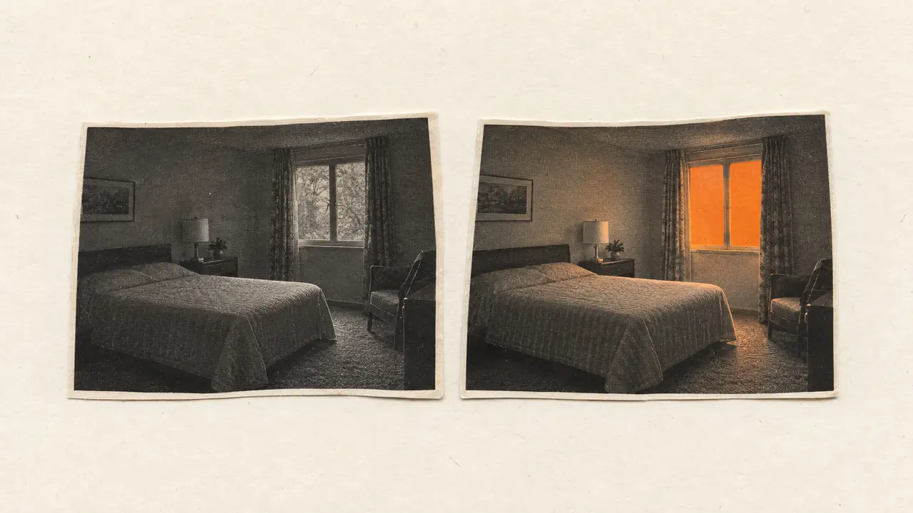 Collage of two vintage photos of one bedroom, the left dull, the right with a window glowing in orange paper