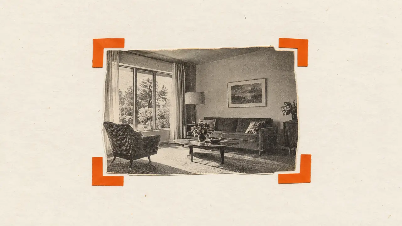 Collage de una foto antigua de un salón enmarcada por cuatro esquinas de papel naranja como un visor
