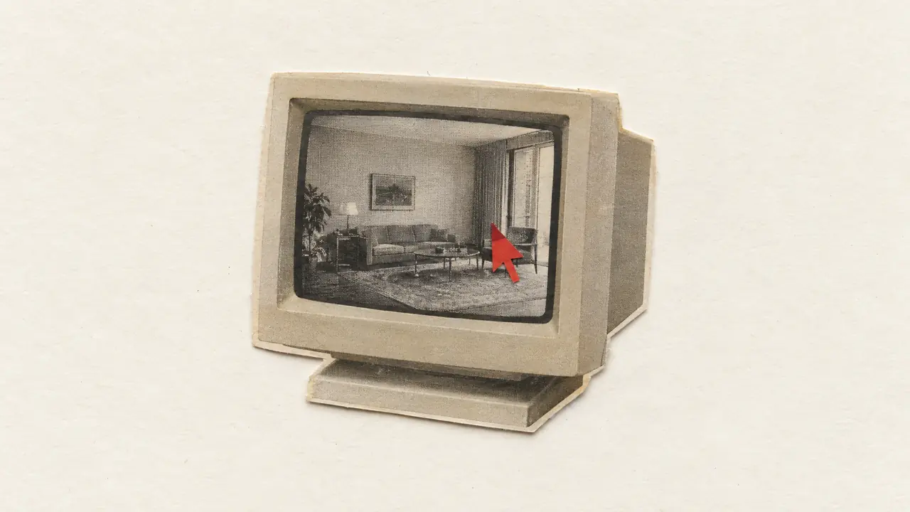 Collage de un monitor beige antiguo con la foto de una habitación y un cursor de papel rojo