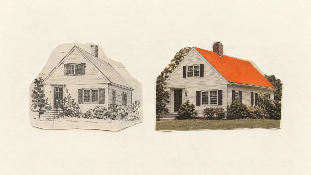 Collage de un boceto a lápiz de una casa junto a la foto de la casa acabada, con tejado naranja