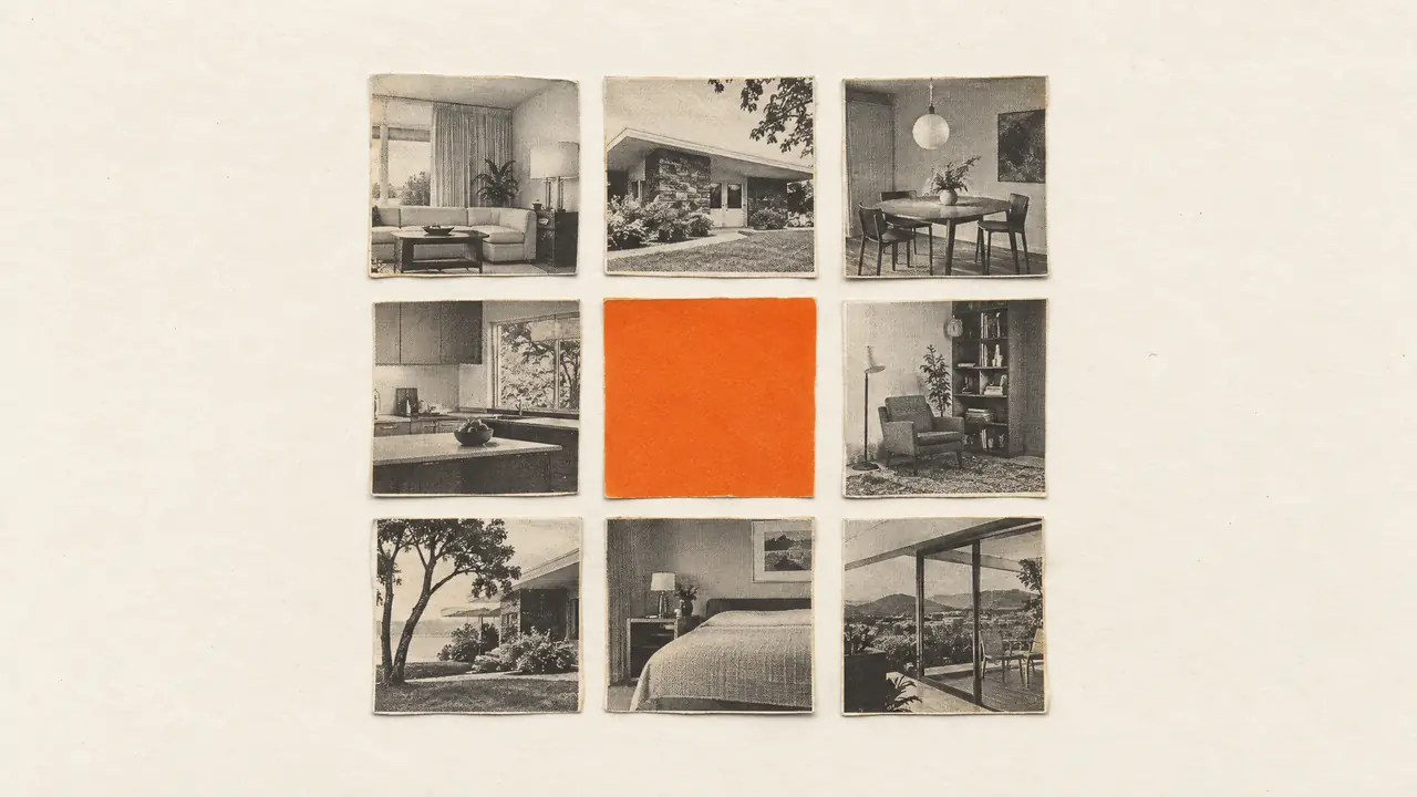 Collage of a grid of nine small vintage photos of interiors and houses, one square filled with orange paper