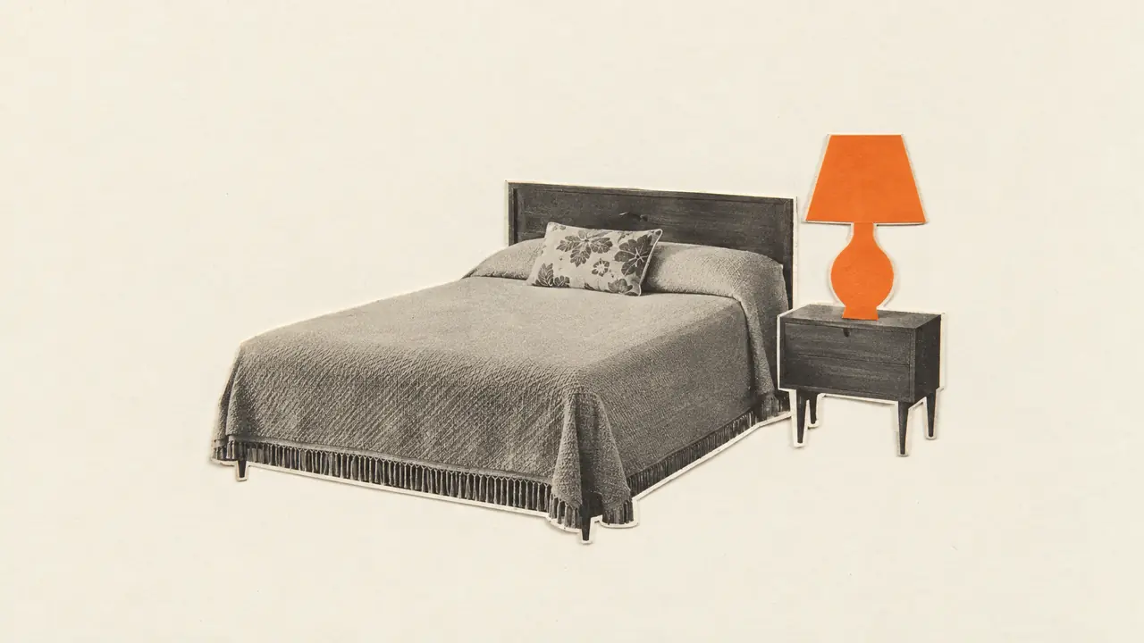 Collage of a vintage photo of an empty bedroom with a bed, nightstand and lamp cut from orange paper