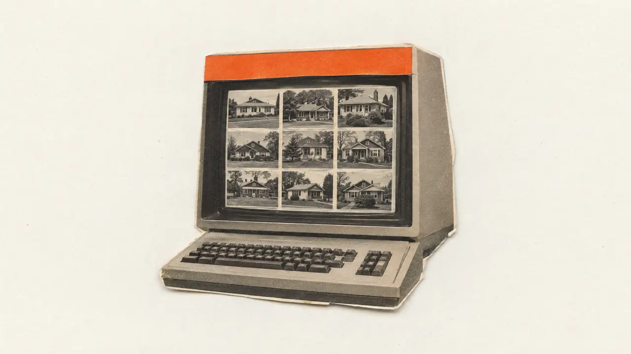 Collage of a vintage computer screen showing a grid of small house photos, the top bar in orange paper