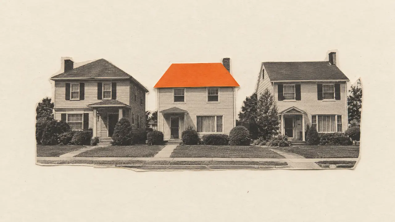 Collage of a vintage photo of three houses in a row, the middle roof replaced by orange paper