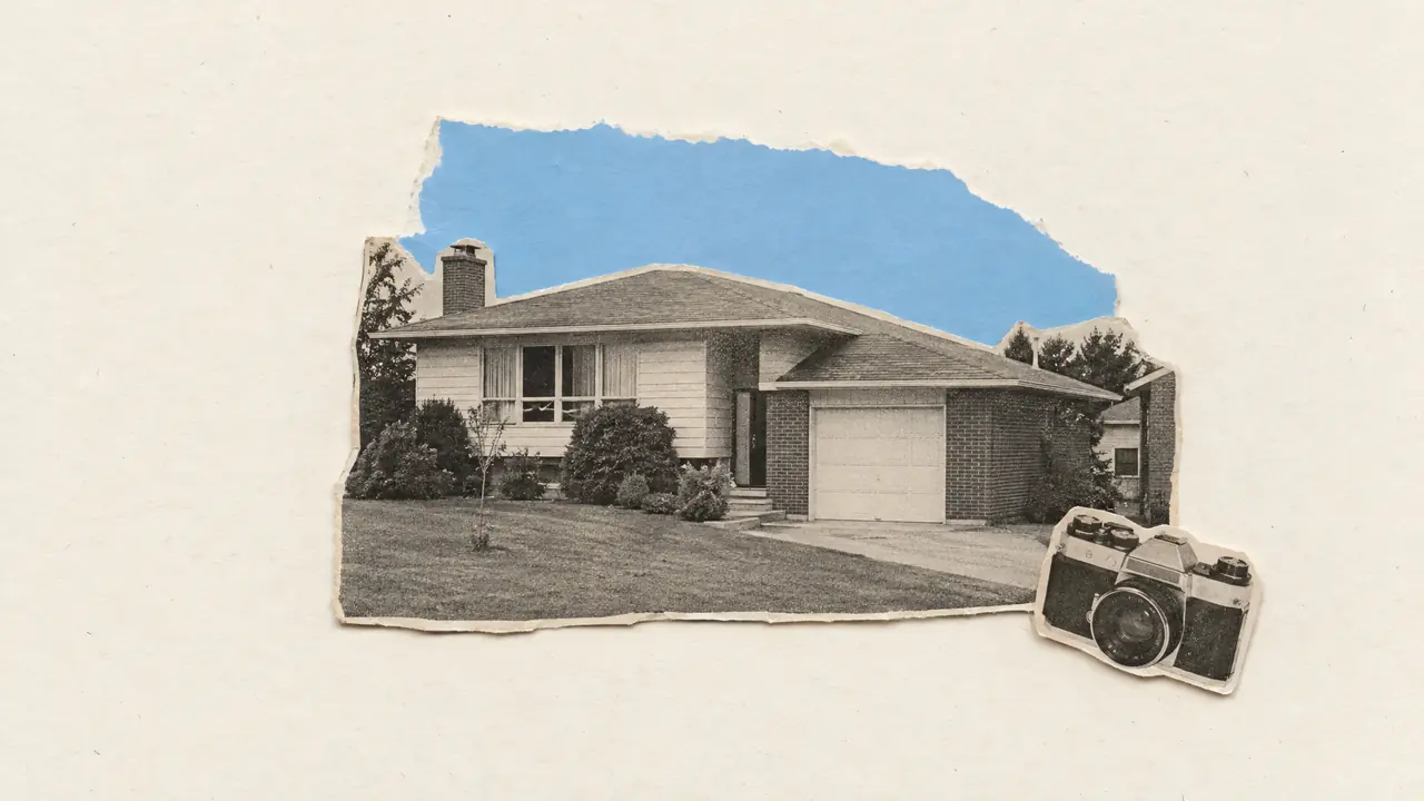 Collage of a black-and-white house with torn sky blue paper as its sky and a small camera in the corner