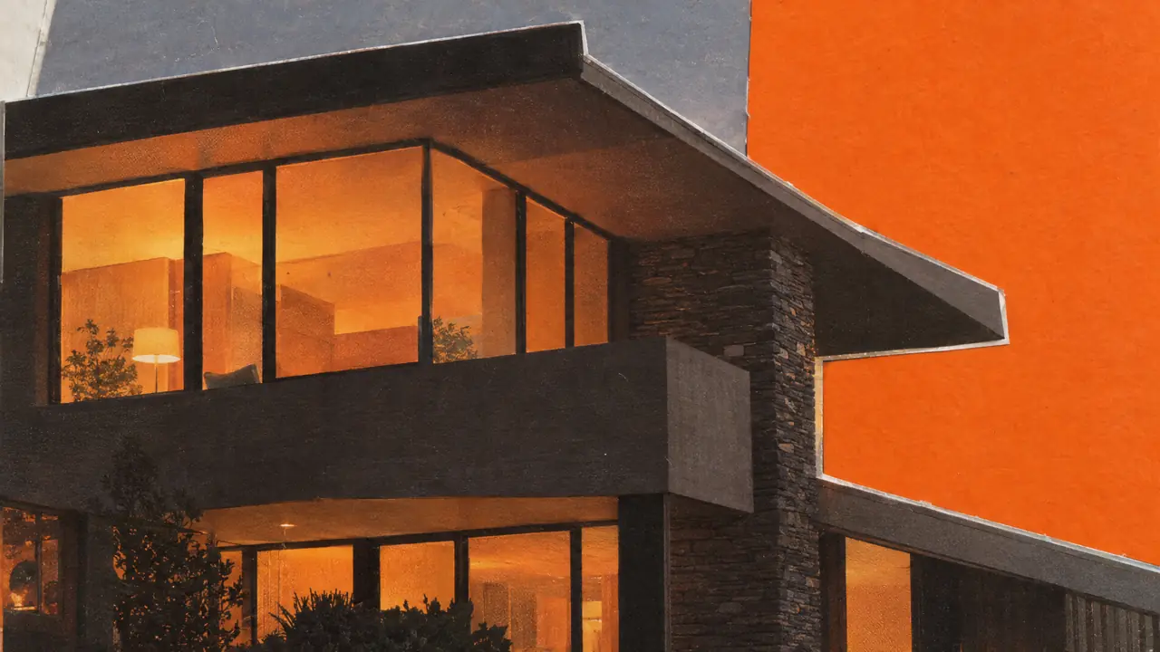 Collage en blanco y negro de una casa moderna al anochecer, con las ventanas iluminadas de papel naranja