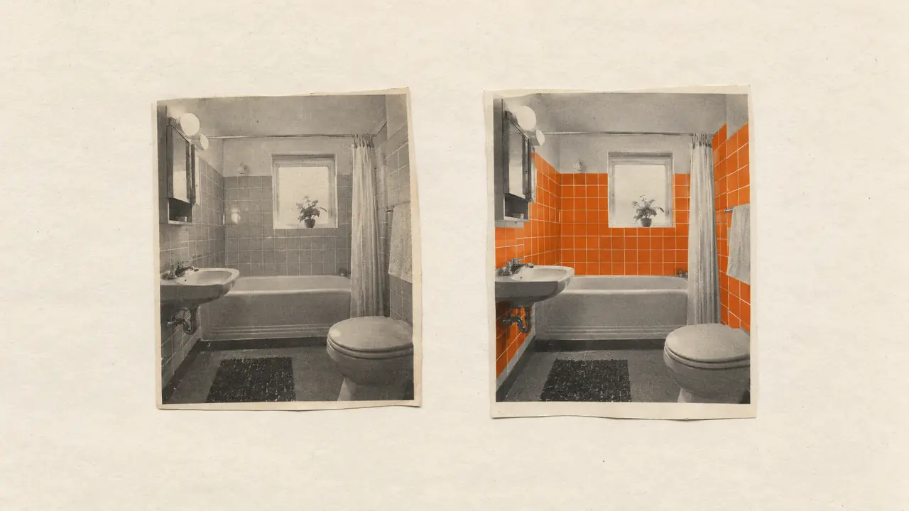 Collage de dos fotos antiguas del mismo baño, la izquierda anticuada y la derecha con azulejos de papel naranja