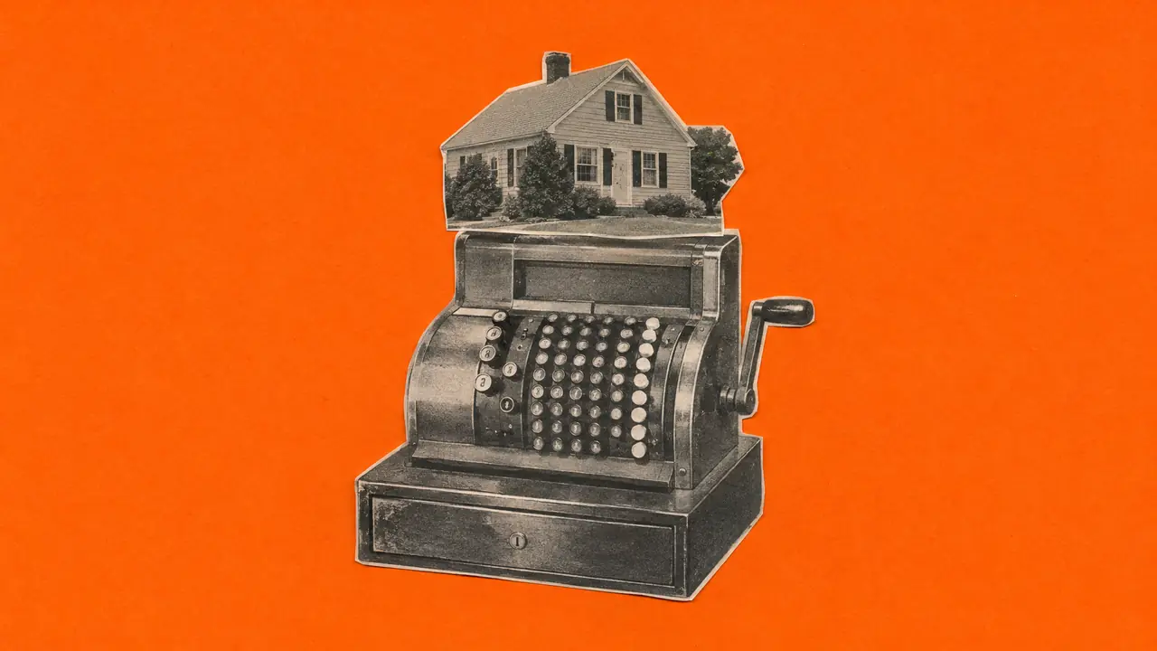 Collage de una foto de revista antigua de una caja registradora con una casita encima, con papel naranja
