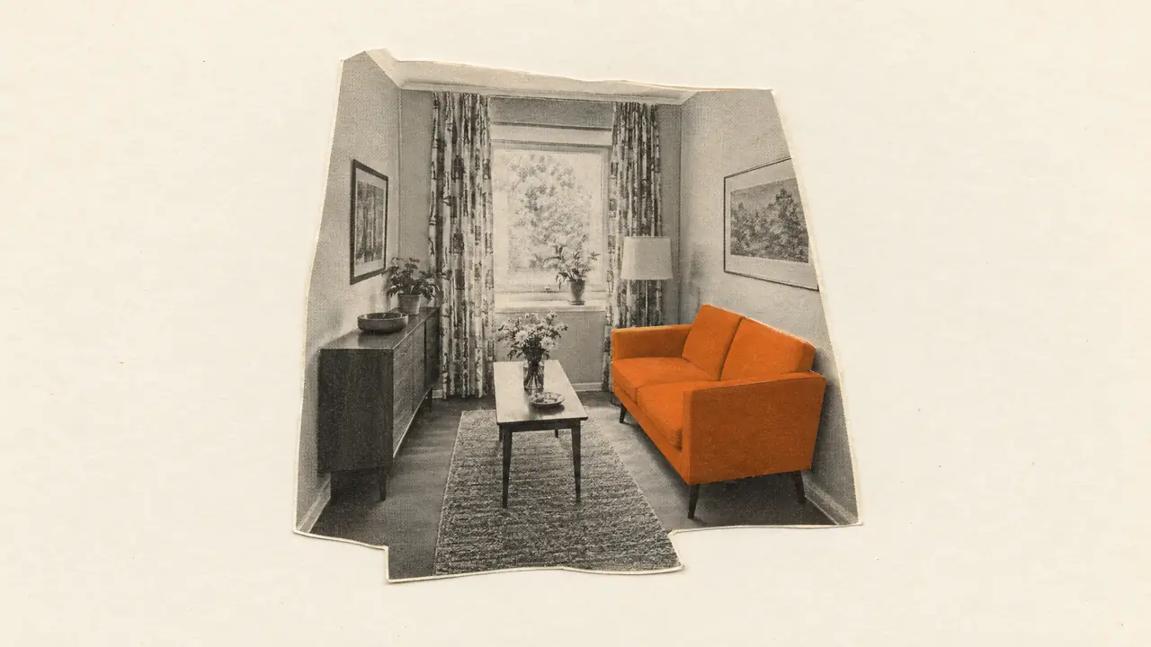 Collage of a vintage photo of a small, narrow living room with a compact orange paper loveseat along the wall