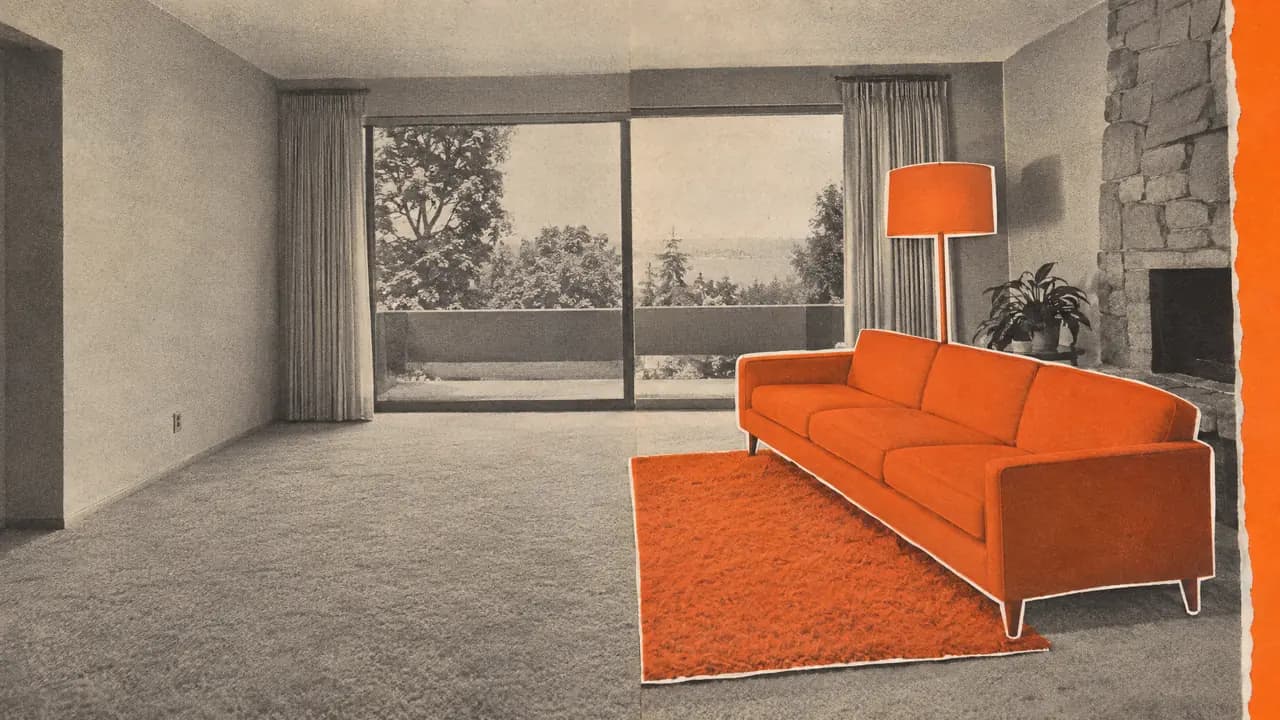 Black-and-white collage of a living room split in half, one side empty, the other with an orange paper sofa