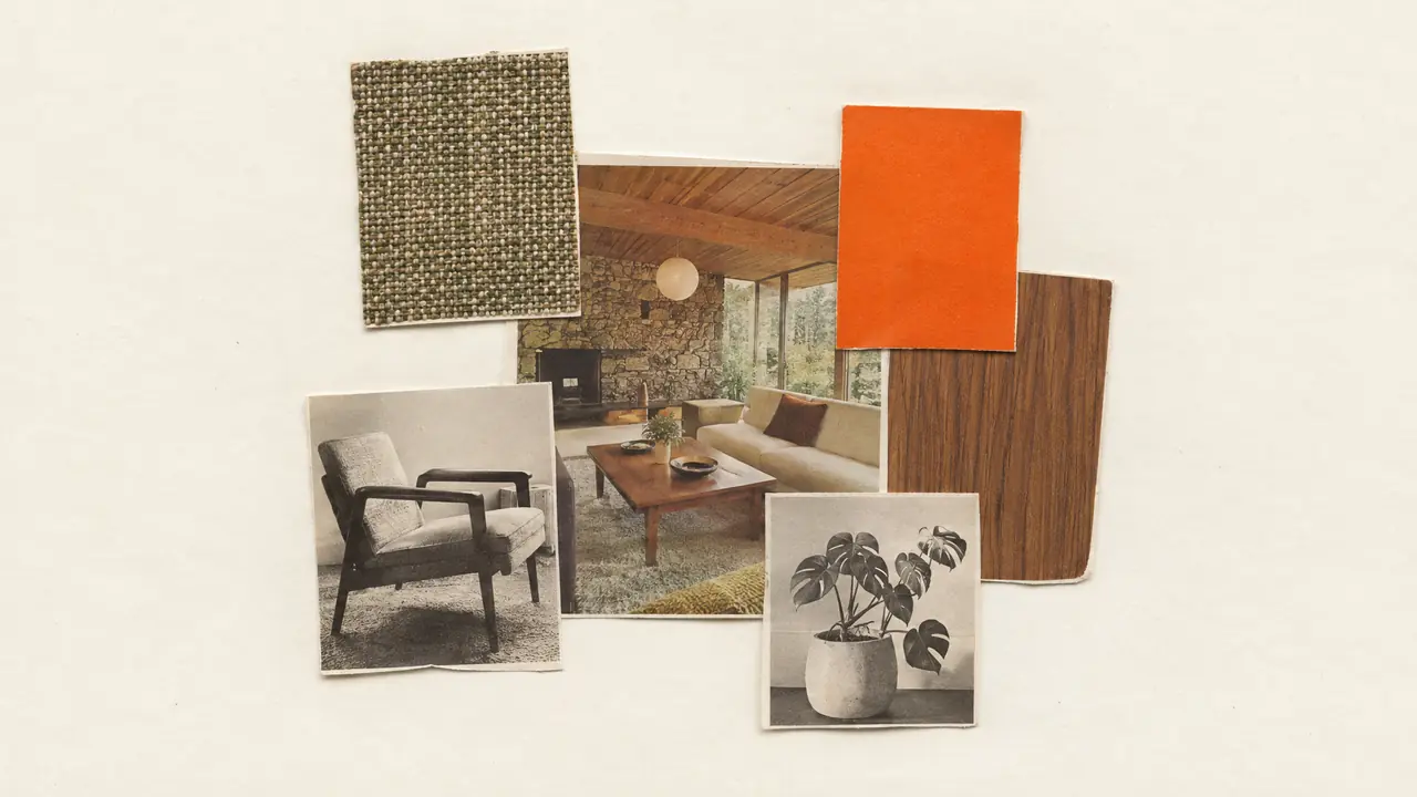 Collage d'une planche d'ambiance ancienne avec échantillons de tissu et de bois, l'un en papier orange